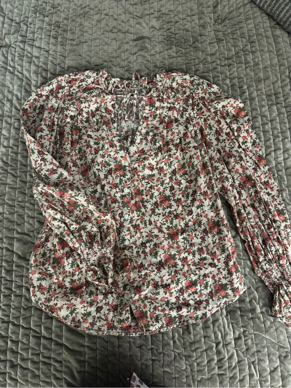 Free People Blouse Floral Tie-Neck Puff Sleeve